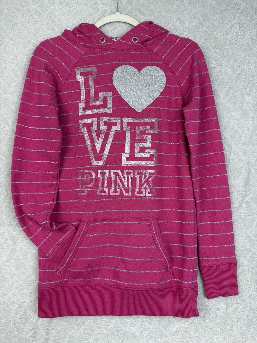 Victorias Secret PINK Hoodie XS Silver Pullover Sweatshirt Y2K Mallcore Mcbling